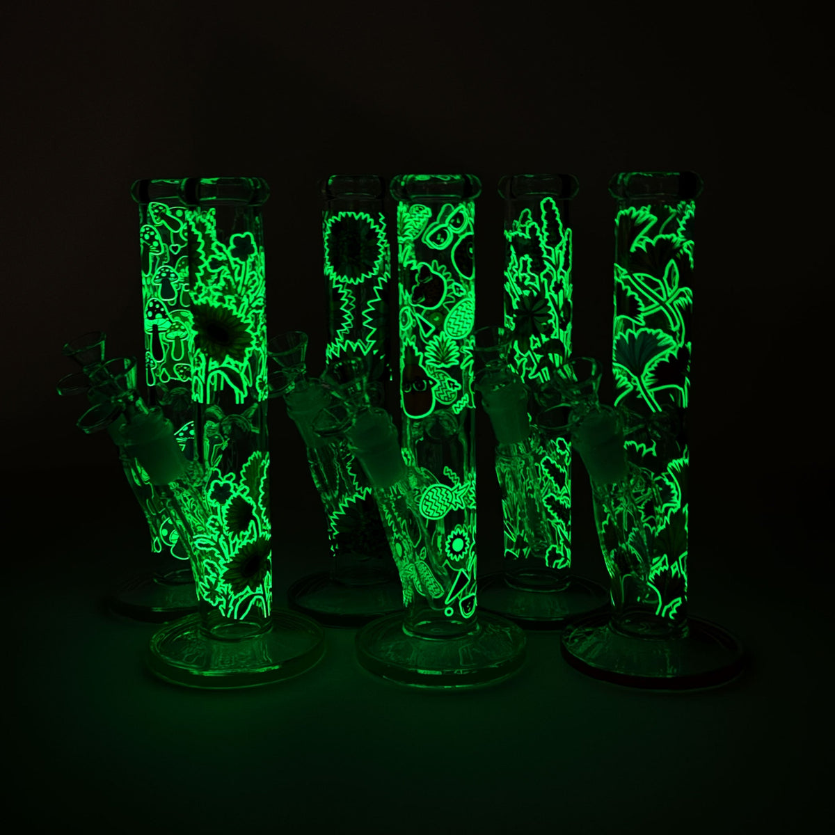 10" Glow in the dark Staight Tube Glass Bong With Flower Design