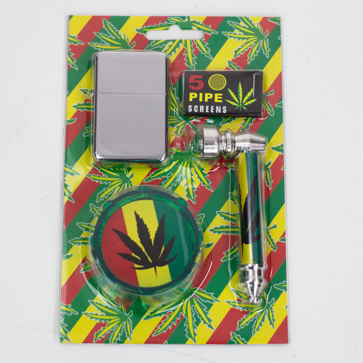 Metal Pipe,Grinder, Lighter and screen set Box of 6 [SCP15009]