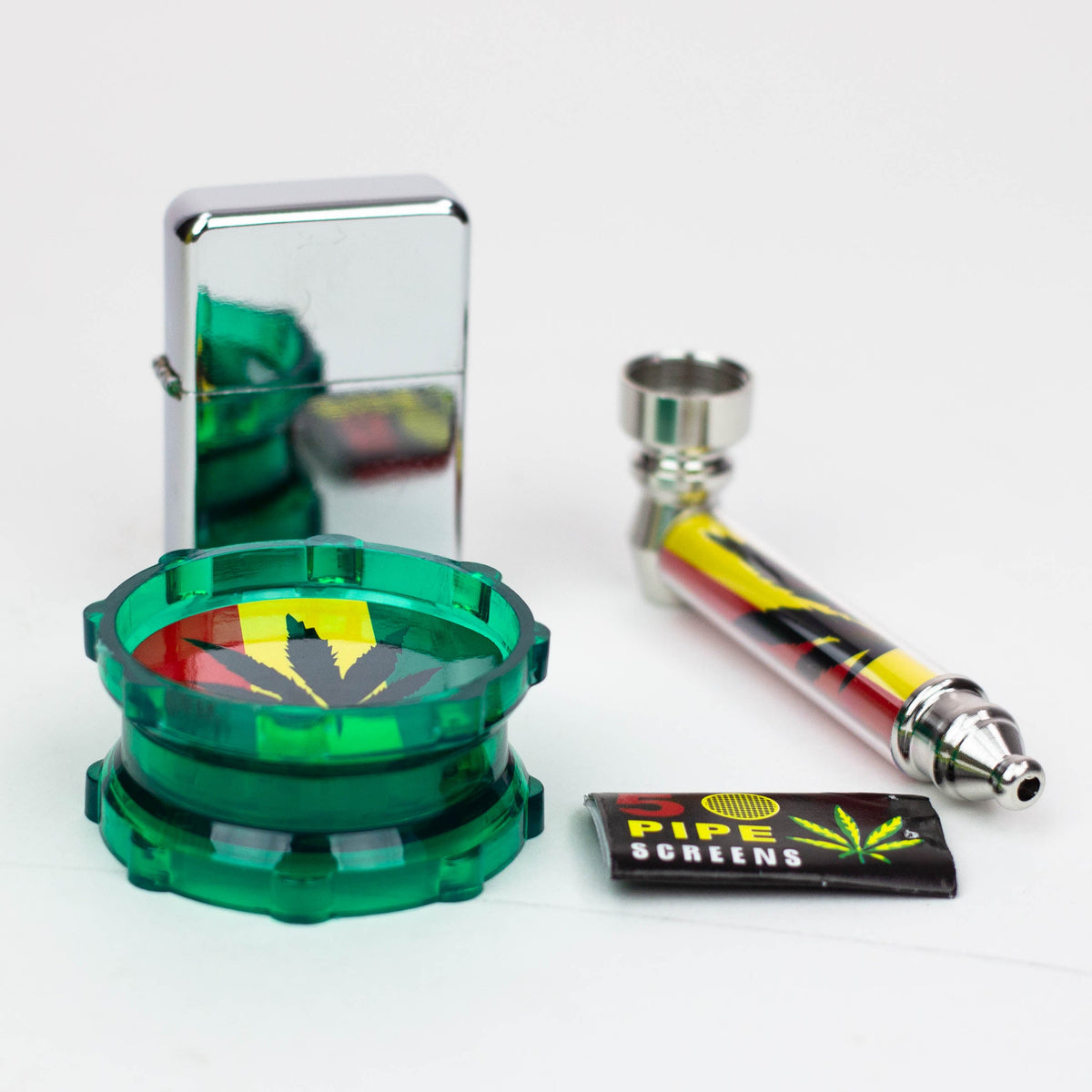 Metal Pipe,Grinder, Lighter and screen set Box of 6 [SCP15009]