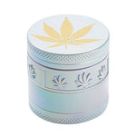 Amoladora de zinc de 4 piezas, tapa arcoíris blanca, diseño de hoja con sello dorado [AM50-4]